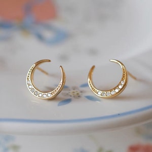 Gold Crescent Moon Studs, Moon Earrings, CZ Studs, Celestial Earrings, Moon Jewelry, Half Moon, Handmade Jewelry,