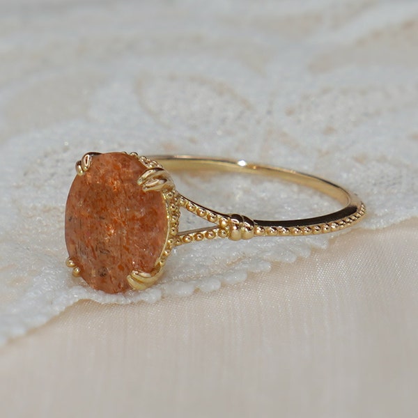 Gold Sunstone Ring, Natural Sunstone Promise Ring, Oval Ring, Orange Stone Ring, Gemstone Ring, Summer Ring, Engagement Ring, For Her