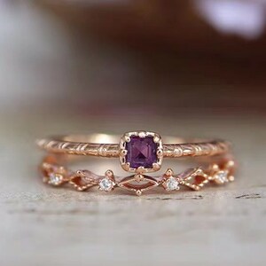 Gold Amethyst Ring Set, Vintage Style Ring, Bridal Ring Set, Natural Amethyst Engagement Ring, Marquise CZ Ring, Gemstone Ring, For Her