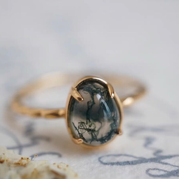 Natural Moss Agate Ring, Moss Agate Engagement Ring, Promise Ring, Nature Inspired Ring, Vintage Style, Handmade Ring, Healing Gemstone