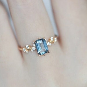 Gold London Blue Topaz Ring, Emerald Cut Engagement Ring, Midnight Blue, Blue Gemstone Ring, Star Cluster Ring, Promise Ring, For Her