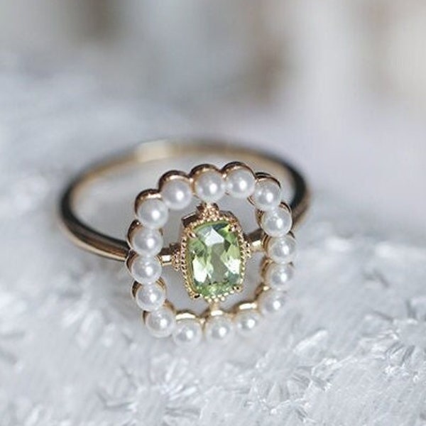 Vintage Peridot and Pearl Engagement Ring, Cushion Cut Peridot, Seed Pearl Ring, Natural Peridot Promise Ring, Halo Ring, Peridot Crystal