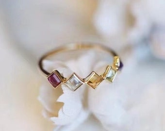Rainbow Ring, Multi Gemstone Ring, Family Ring, Amethyts Peridot Citrine Topaz Garnet, Princess Cut Ring, Stackable Ring, Minimalist Ring