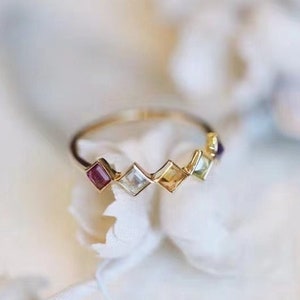 Rainbow Ring, Multi Gemstone Ring, Family Ring, Amethyts Peridot Citrine Topaz Garnet, Princess Cut Ring, Stackable Ring, Minimalist Ring