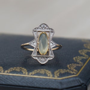 Vintage Style Prehnite Ring, Gold Gemstone Ring, Prehnite Crystal Ring, Milgrain Ring, Cocktail Ring, Statement Ring, Two Tone Ring, For Her