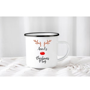 Personalized Christmas Enamel Camp Cup for kids. Personalized Reindeer, Snowman, and Holiday wreath cups, cups for cozy evenings.