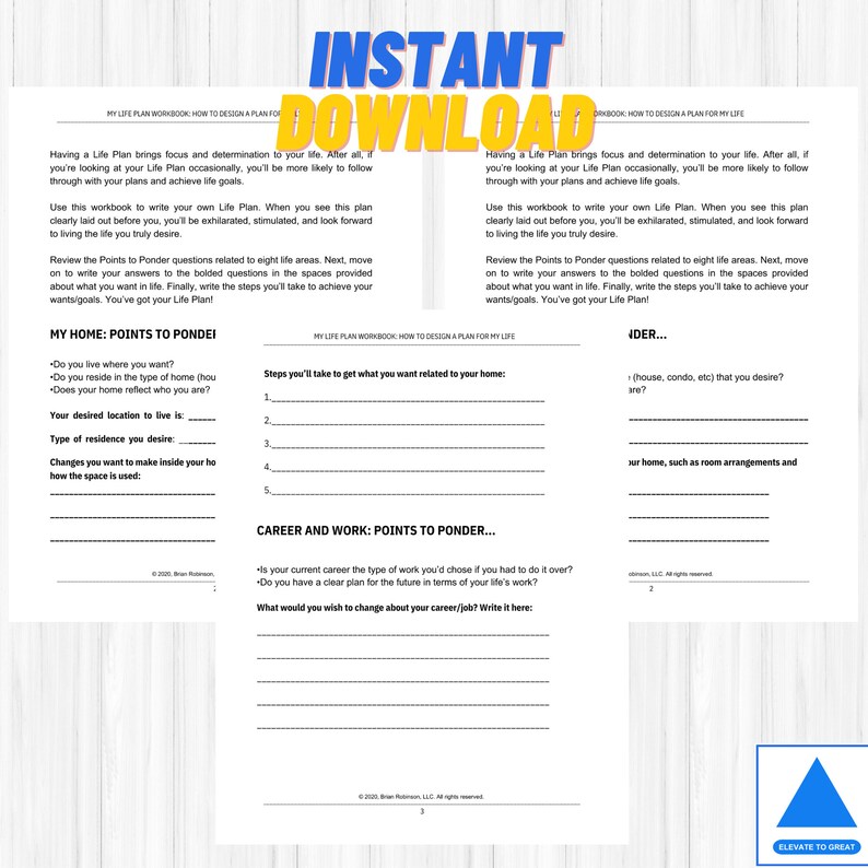 May include: A printable workbook with a light blue background and a white border. The workbook is titled "My Life Plan Workbook: How to Design a Plan for My Life". The workbook includes sections for "My Home", "Career and Work", and "IDER..." with prompts for reflection and goal setting.