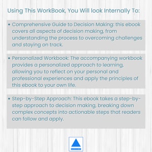 May include: A blue and white graphic with the text "Using This WorkBook, You Will Look Internally To:" followed by three bullet points describing the contents of a workbook. The bullet points are: "Comprehensive Guide to Decision Making", "Personalized Workbook", and "Step-by-Step Approach".