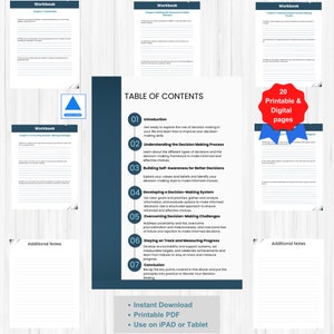 May include: A table of contents for a workbook on decision making. The workbook includes chapters on understanding the decision making process, building self-awareness, developing a decision making system, overcoming decision making challenges, staying on track and measuring progress, and a conclusion. The workbook is available as a printable PDF and can be downloaded instantly.