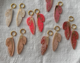 Butterfly Wing Hoop Earrings: Pink Clay, Gold Charms
