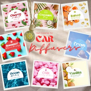 May include: A selection of car air fresheners with scents such as cherry, coconut, salted caramel, strawberry, ocean water, candy vibes, and vanilla coconut. Each scent is presented on a square card with related images and text. The words "CAR Diffusers" are written in red.