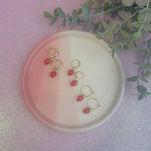 Strawberry Huggie Hoops | Huggie Hoop Earrings | Strawberry Earrings | Tiny Strawberry Earrings | 18K Gold Strawberry Earrings| Handmade