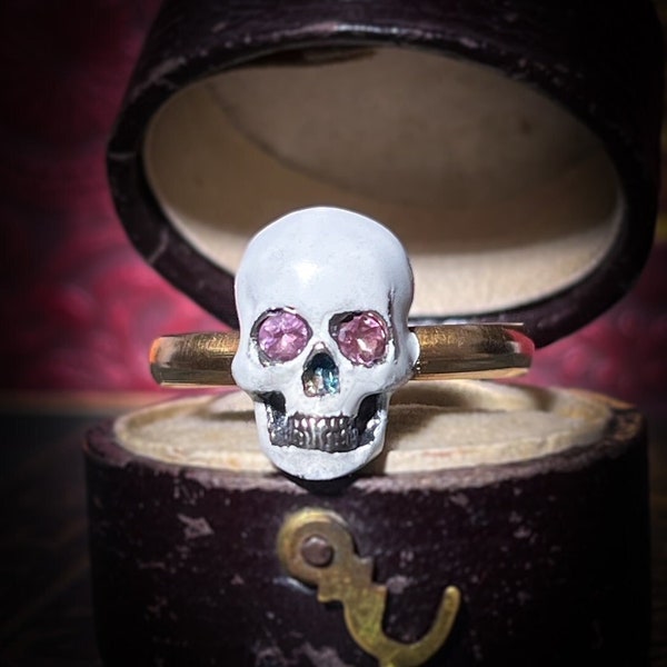 Vintage Memento Mori 9 Carat Gold Skull Ring Pink Sapphire Eyes Skeleton Georgian Revival Antique