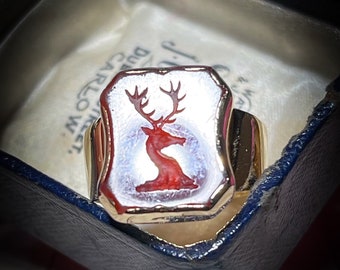 Antique Stag Intaglio Ring in 9ct Gold Carnelian Heraldic Crest Seal Engraved C. 1890's Carnelian