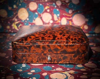 Antique Brown Tortoiseshell Leather Brooch Box Victorian C. 1900's Silk Interior Engagement