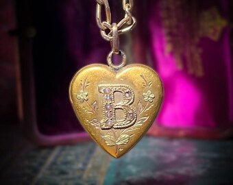 Antique B Initial Engraved Heart Locket in 18ct Gold Necklace C. 1890's Victorian Pendant Charm Puffy