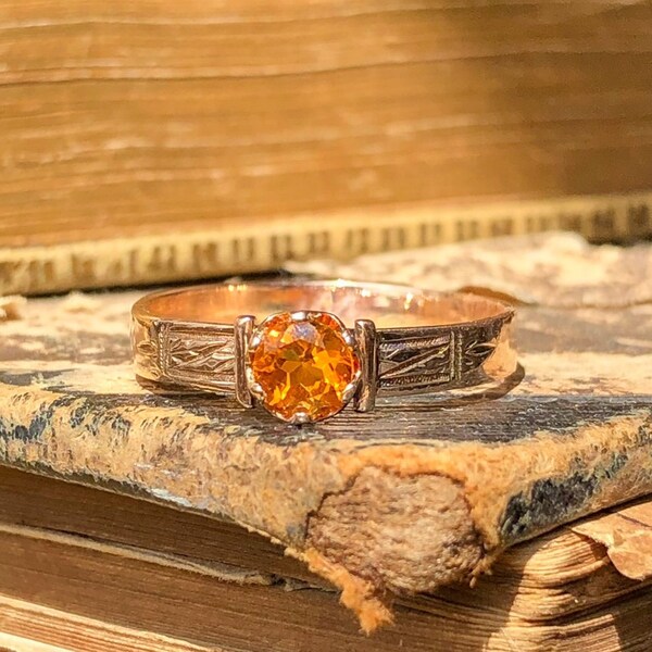 Victorian 14 Carat Rose Gold Ring Madeira Citrine C. 1900's Antique Decorative 14ct Stacking Solitaire Floral Engraved Unusual