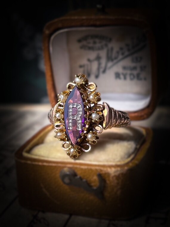 Antique Initial R Amethyst Letter Ring in 8 Carat… - image 5