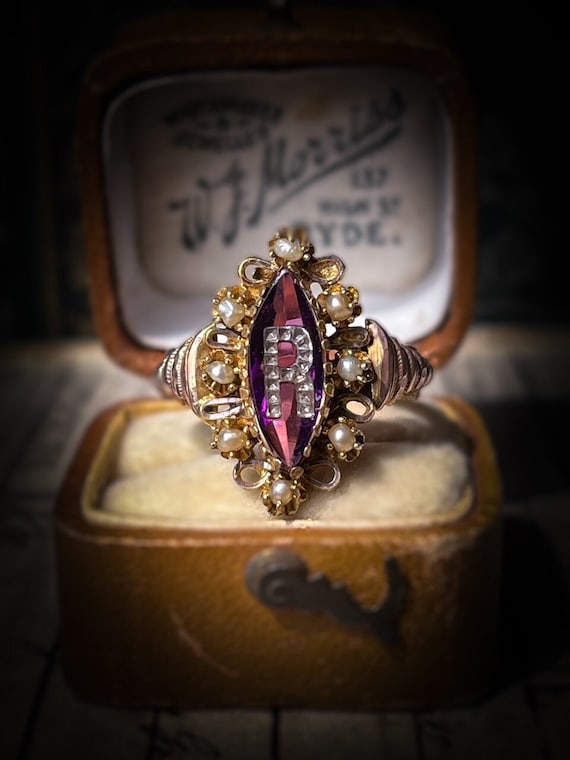 Antique Initial R Amethyst Letter Ring in 8 Carat… - image 1