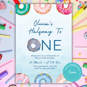 Editable Donut Half Birthday Invitation: Blue Canva Template (Digital Download 5x7&quot; PDF )
