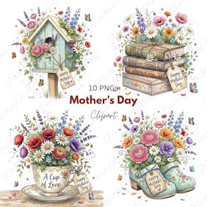 Könnte beinhalten: Aquarell-Cliparts zum Muttertag, darunter ein Vogelhaus, Bücher, eine Teetasse und Schuhe, alle mit bunten Blumen geschmückt. Jedes Element trägt ein "Happy Mother's Day"-Etikett. Der Text "Mother's Day Clipart" ist ebenfalls vorhanden.