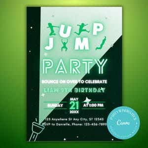 Editable Neon Trampoline Park Invitation: Jump & Glow Birthday (5x7 Digital Download Canva Template)