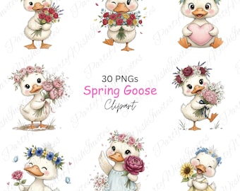 Watercolor Goose Clipart, Floral Flower Crown Geese, Cottagecore Spring Farm Animal Graphics (Digital Download)