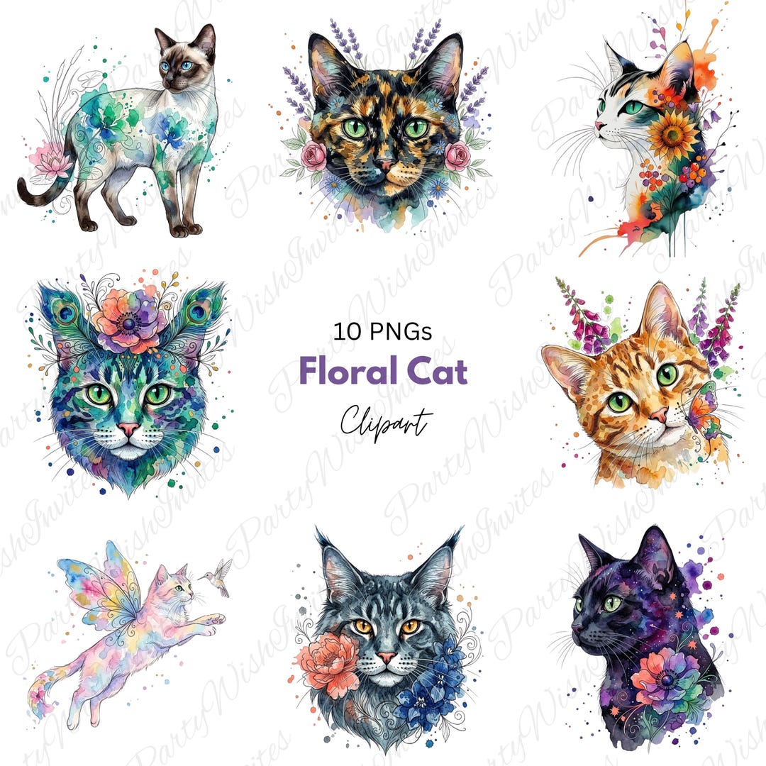 Watercolor Floral Cat Clipart Bundle, Whimsical Feline PNG Graphics ...