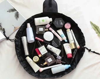 Trousse de maquillage noire avec cordon de serrage, Organiseur de trousse de maquillage et de maquillage, trousse de toilette pour voyage, cadeaux et usage quotidien - Cadeau de la Saint-Valentin