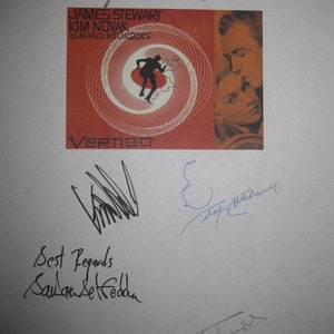 Vertigo Signed Film Movie Script Screenplay X5 Autographs James Stewart Alfred Hitchcock Kim Novak Barbara Bel Geddes Tom Helmore reprint