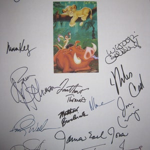 May include: A signed print of the Disney movie The Lion King featuring the characters Simba and Pumbaa. The print is signed by several cast members including Cheech Marin, Robur L. Guillaume, Matthew Broderick, and more.