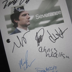 May include: A white sheet of paper with multiple signatures from the cast of the TV show Severance. The signatures include Adam Scott, Britt Lower, Tramell Tillman, Christopher Walken, Patricia Arquette, and Zach Cherry. The show's title, Severance, is printed in black on the paper.