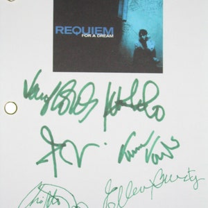 May include: A white page with green signatures from the cast of the movie Requiem for a Dream. The signatures include:  Ellen Burstyn, Jennifer Connelly, Marlon Wayans, and Jared Leto. The movie poster is in the top left corner.