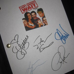 May include: A white script page from the movie "Can't Hardly Wait" signed by the actors. The signatures are in black ink and include Jennifer Love Hewitt, Seth Green, and others.