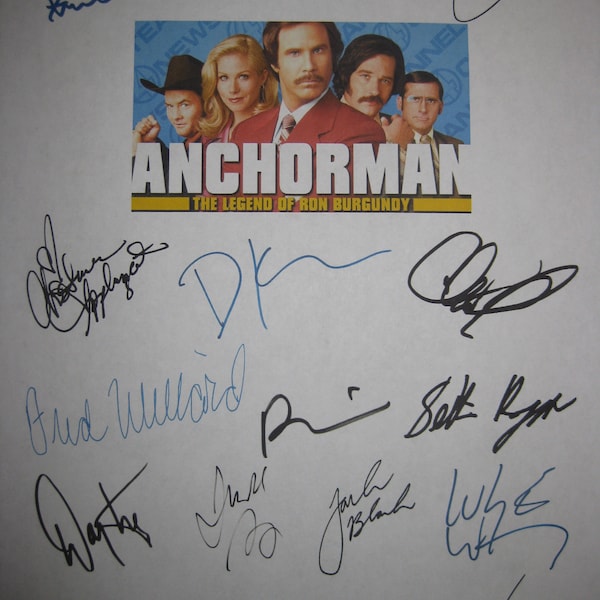 Anchorman Legend of Ron Burgundy Signed Film Movie Script Screenplay X16 Autographs Will Ferrell Christina Applegate Steve Carell Paul Rudd