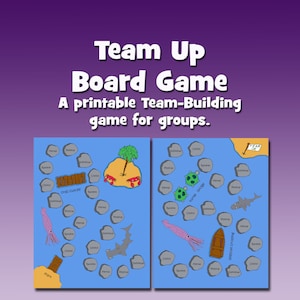 May include: A printable board game for groups, featuring a blue ocean background with a path of rocks and sea creatures. The game includes a variety of challenges, such as "crab cutoff", "turtle bridge", and "lifeboat crossing". The game is designed to help teams work together and build relationships.