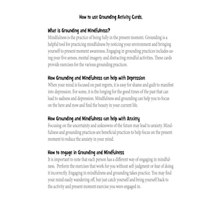 May include: A black and white text document with the title "How to use Grounding Activity Cards." The document explains the practice of grounding and mindfulness and how it can help with depression and anxiety.