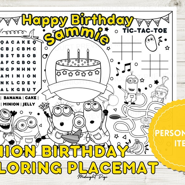 Personalized Minions Birthday Coloring Placemat | Coloring for Kids | Letter-sized | Despicable Me Coloring
