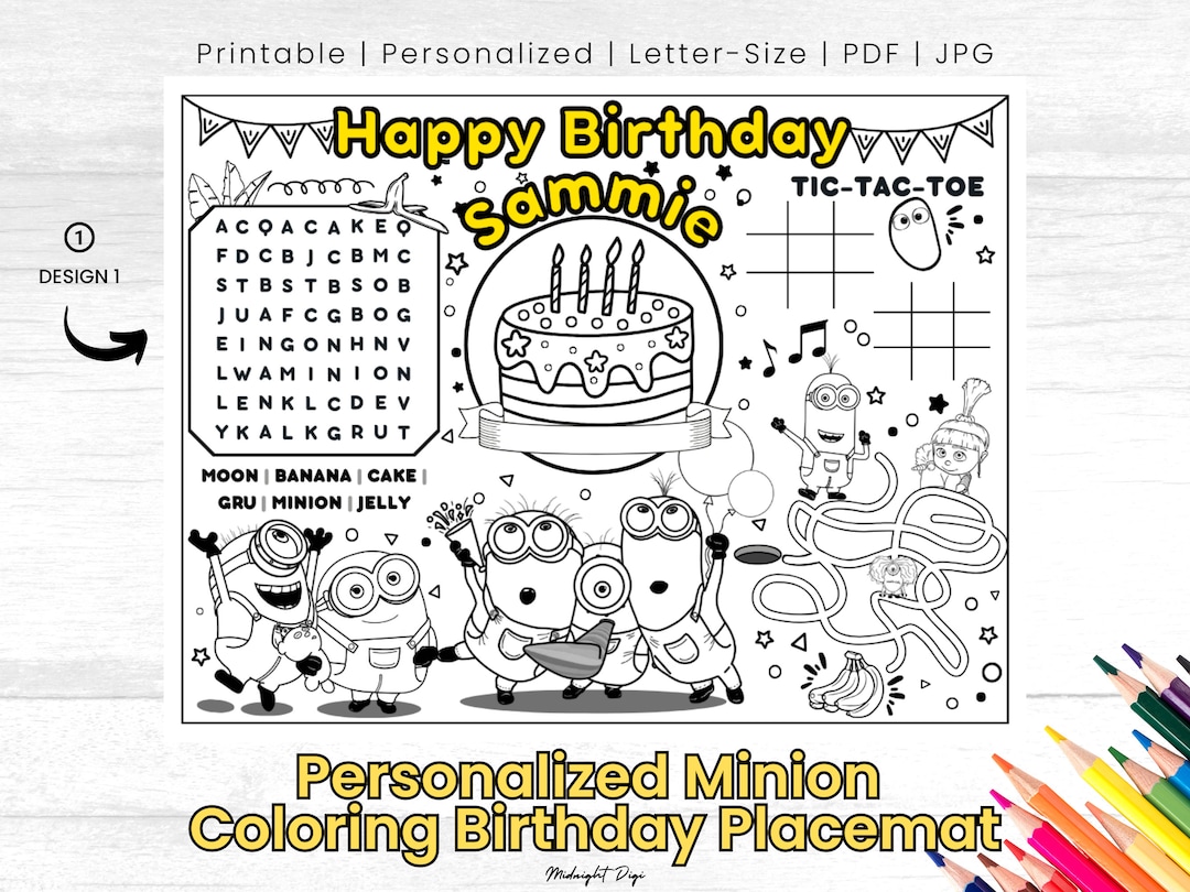 Personalized Minions Birthday Coloring Placemat | Coloring for Kids ...