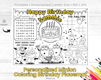 10 枚の印刷可能な誕生日用ミニオンぬり絵ページ。名前入り。1～10 歳