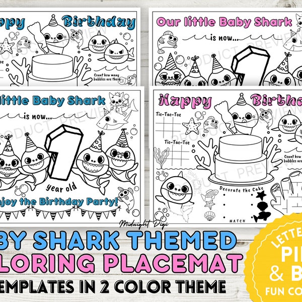 Baby Shark| Ages 1-7| Birthday Coloring Placemats | 2 Templates in 2 Color theme (Blue and Pink)| Letter size| Baby Shark Coloring Activity