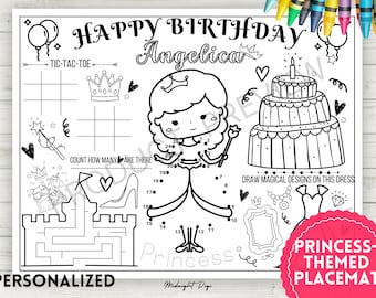 Prinzessin-Geburtstagsgeschenk Platzset | Personalisiert| Royal Party Prinzessin | Ausmalplatzset Aktivitätsblatt | Druckbare