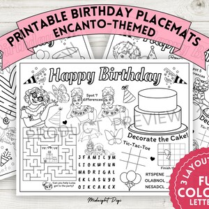 Manteles individuales para colorear de cumpleaños / Tema del Encanto / Tres diseños de diseño / Imprimible / Tamaño carta