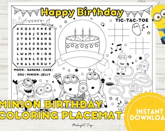 Minions Birthday Coloring Placemat | Coloring for Kids | Instant Download | Letter-sized | Despicable Me Coloring