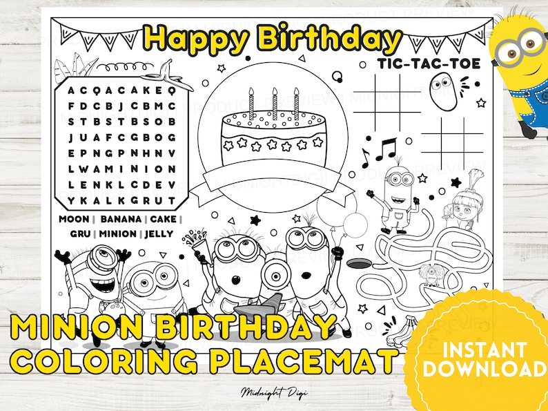 Minions Birthday Coloring Placemat | Coloring for Kids | Instant ...