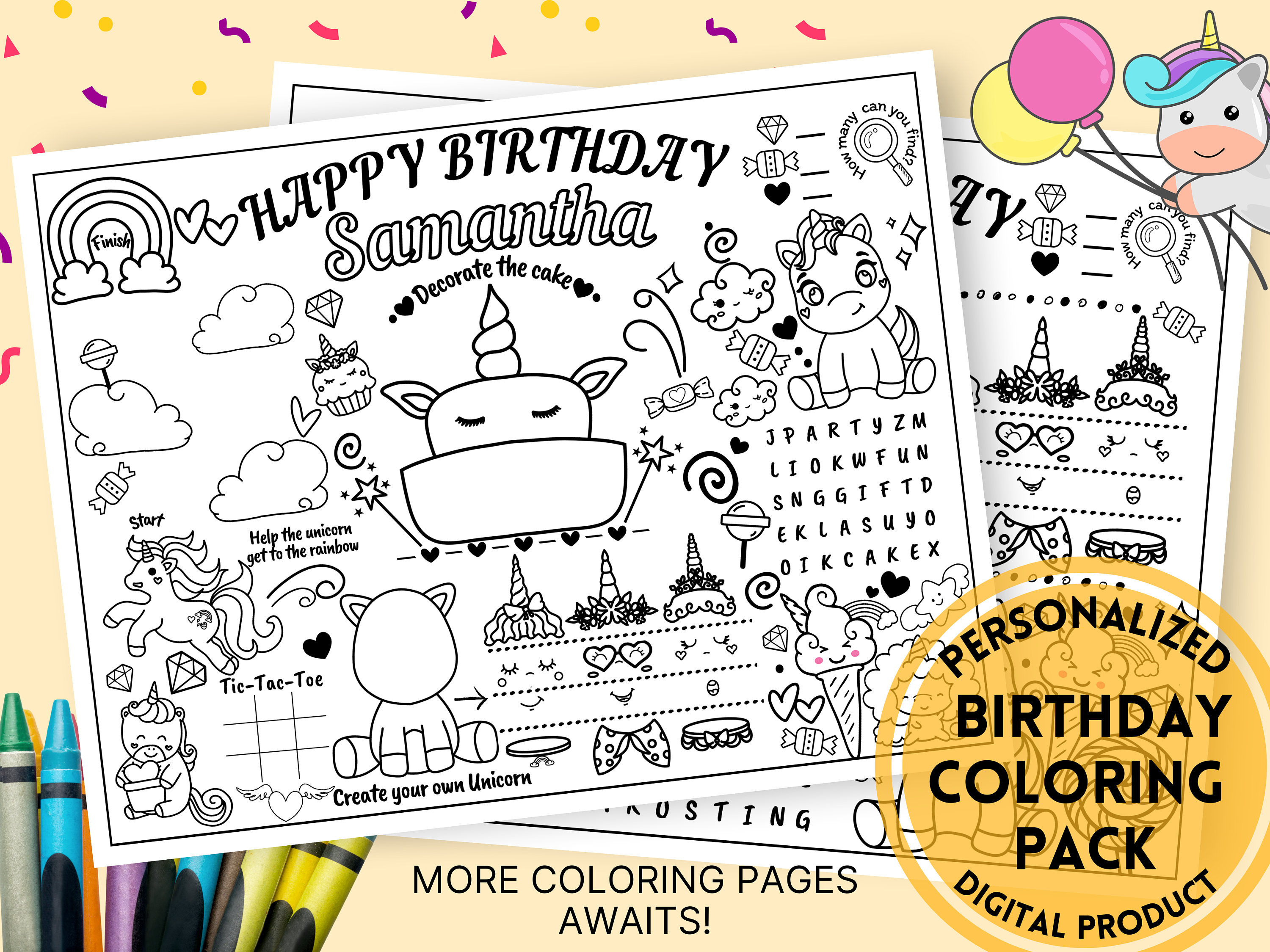 Personalized Birthday Favor Coloring Pack | Unicorn Birthday Placemat ...