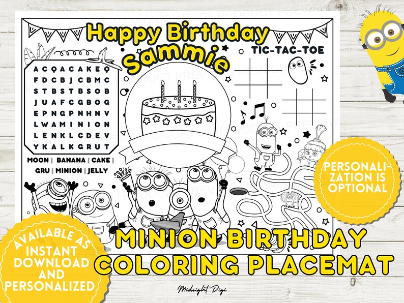 Minions Birthday Coloring Placemat Coloring for Kids - Etsy