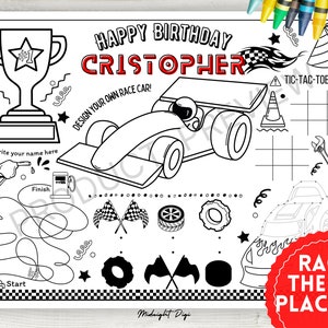 Personalisiertes Geburtstags-Tischset zum Ausmalen | Rennauto Färbung | Geburtstag Rennauto Ausmalseite | Druckbares Tischset | Letter Größe