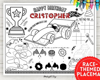 Personalized Race-themed Birthday Coloring Placemat | Race car coloring | Birthday Race car coloring page | Printable placemat | Letter size