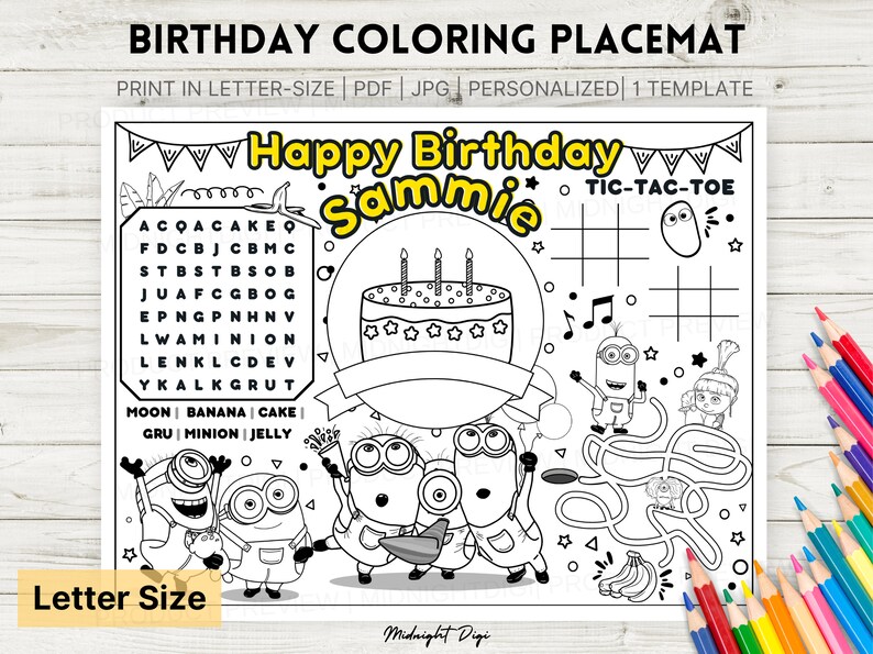 Personalized Minions Birthday Coloring Placemat Coloring for - Etsy